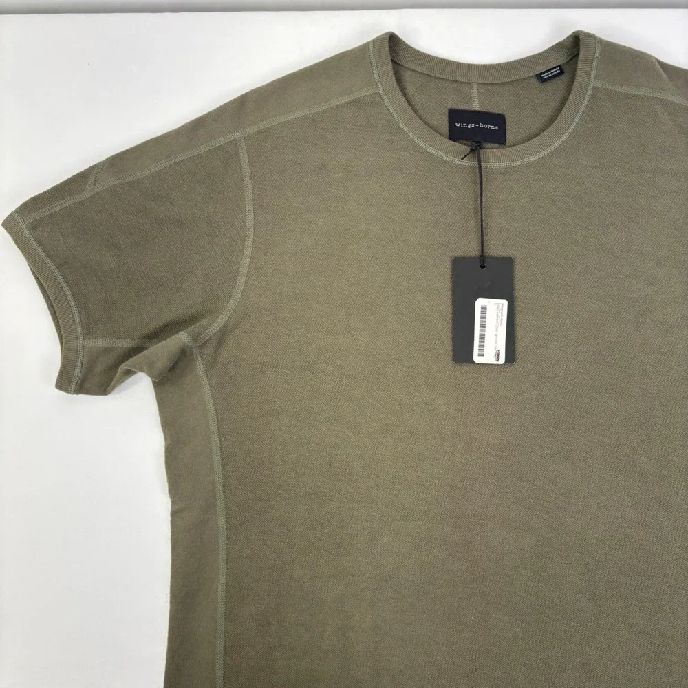 Wings + Horns Mens Sage Green LTWT Slub Short Sleeve Crew Sweatshirt XL NWT